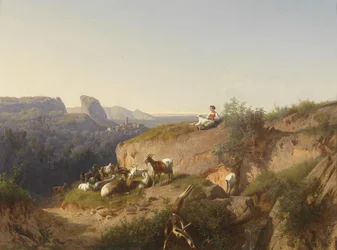 Pastora de cabras con rebaño frente a un paisaje italiano